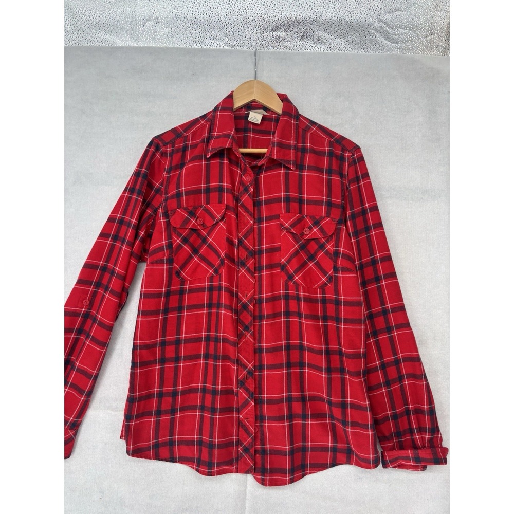 Duluth Trading Red Plaid Flannel Shirt Womens L Roll Tab Sleeves Button Up